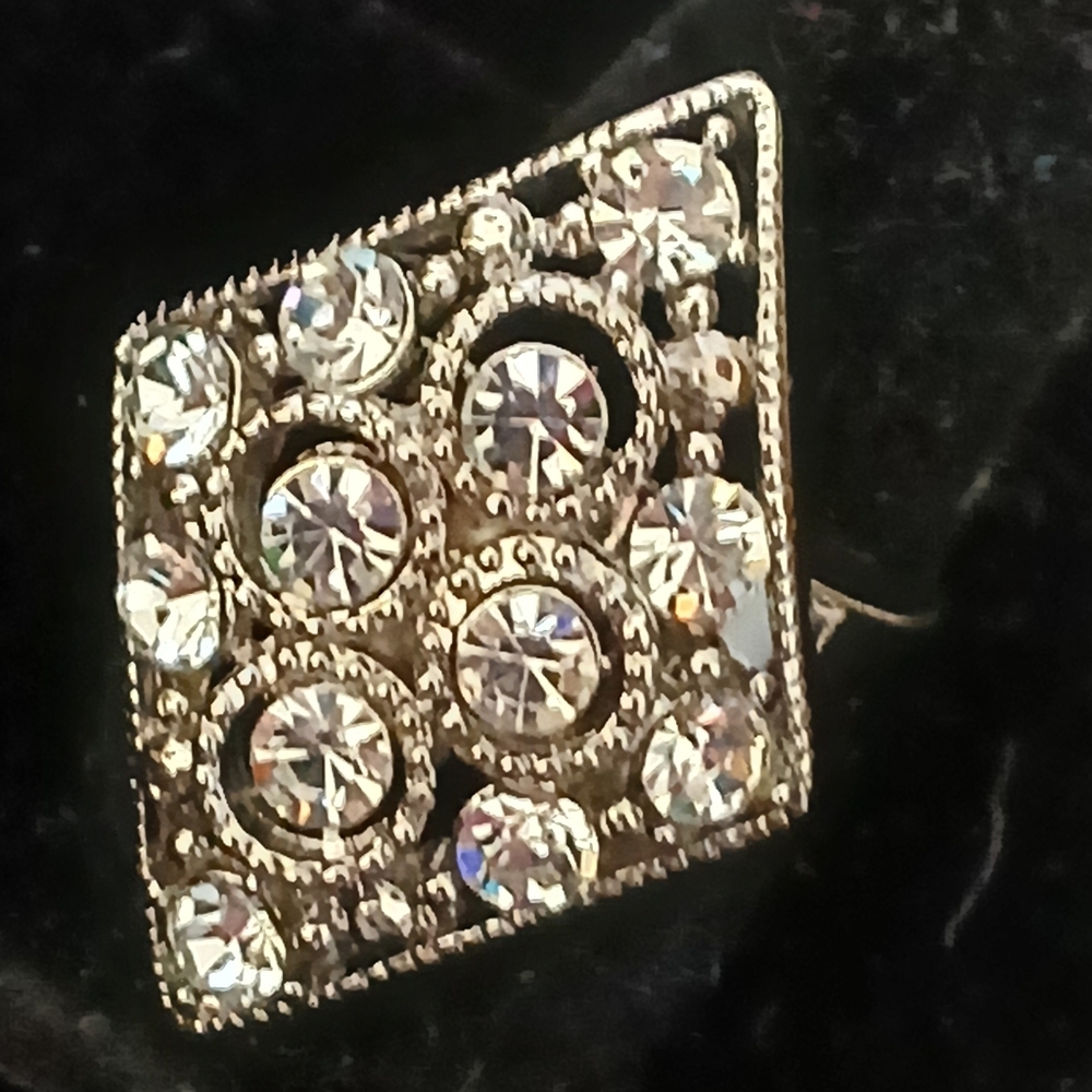Diamond Shaped Silvertone Faux Diamond Ring Adjustable
